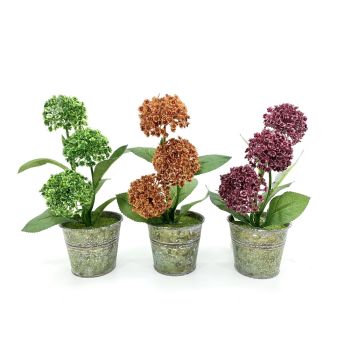 Set 3 Artificial 3 Stem Cotage Flower In Tin Pot 7x27cm
