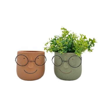 Man w Metal Glasses in Ceramic Pot Planter Assort 13x14cm