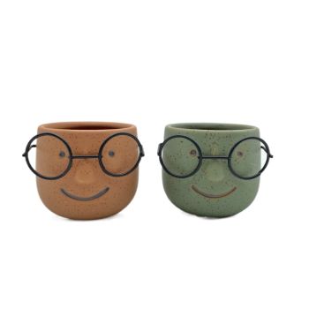 Set 2 Man w Metal Glasses Ceramic Pot 7cm