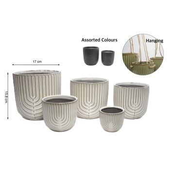 bulk 6 Ripple Ceramic Planter w Hanging Rope Assort 17cm