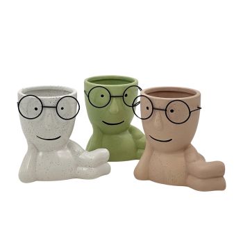Set 3 Lay On Side Ceramic Pot w Metal Glasses 16x15cm