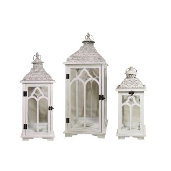 Set 3 Moroccan Metal & Wooden Lantern White 79cm
