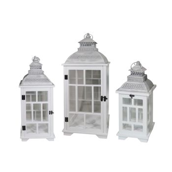 Set 3 White Wooden Lantern w Metal Roof 79cm