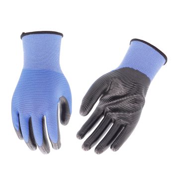 bulk 24 Blue U3 Polyester Shell w Black Nitrile Garden Gloves