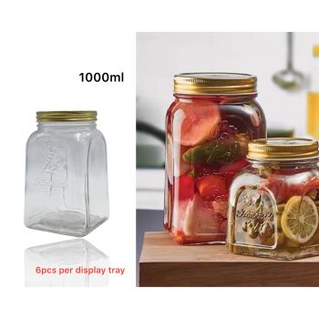 bulk 18 Glass Square Jar w Gold Metal Lid 1000ml