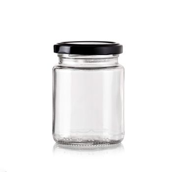 bulk 48 Glass Jar Round w Black Lid 200ml Canister 9cm