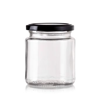 bulk 48 Glass Jar Round w Black Lid 400ml Canister 10cm