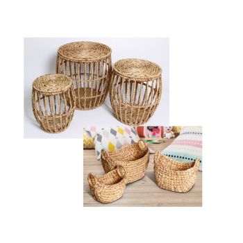 Set 6 Water Hyacinth Storage Table & Baskets 50cm
