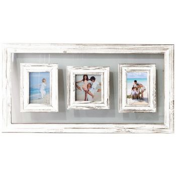 Rustic White 3 Opening Photo Frame w Glass Background 75cm