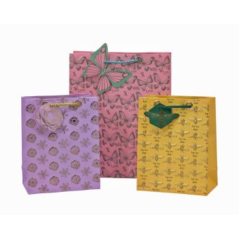 bulk 24 Medium Foiled Luxury Garden Gift Bag 3 Assort 23cm