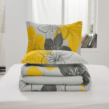 Floral Comforter Set, King Size, Yellow Floral 3-Piece Bedding, Lightweight Microfiber