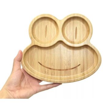 Bamboo Kids Children Baby Plate Bowl & Silicon Suction Cap Base & Spoon - Frog