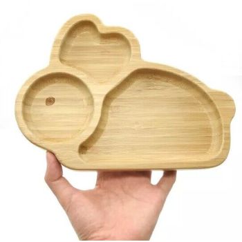 Bamboo Kids Children Baby Plate Bowl & Silicon Suction Cap Base & Spoon - Rabbit