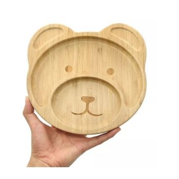 Bamboo Kid Child Baby Plate Bowl & Silicon Suction Cap Base & Spoon - Teddy Bear