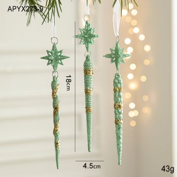 Green Glitter Icicle Christmas Ornaments with Star Tops - Set of 3 Hanging Decorations（5 set in total） 