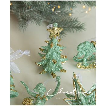 Green Glitter Christmas Tree Ornament with Gold Star Top - Hanging Festive Decoration 5 pieces