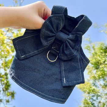 Pet Denim Harness Dress Set (2 Pieces) - 2XL Size (60cm Chest for 14-20 lb Pets) with T-Shirt and Skirt, Bow,and Leash Ring