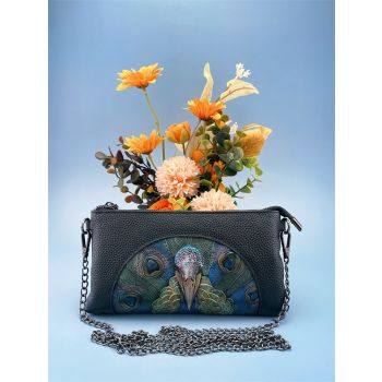 Women's Embossed Peacock Leather Wristlet Clutch - Elegant and Artistic Handbag 23*12*2cm