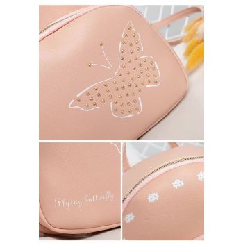 Mini Faux Leather Backpack with Butterfly Design -Pink Cute Backpack for Girls