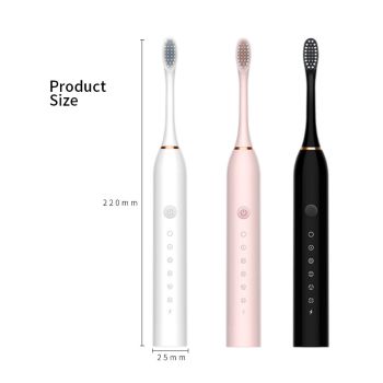 X-3 Sonic Electric Toothbrush, 4 Replacement Brush Heads, and USB Charging Cable - Sleek Pink Design