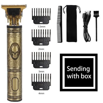 Vintage Skull Design Cordless Hair Trimmer (Gold)- Professional Grooming Kit with Adjustable Guards, USB Charging, and Accessories