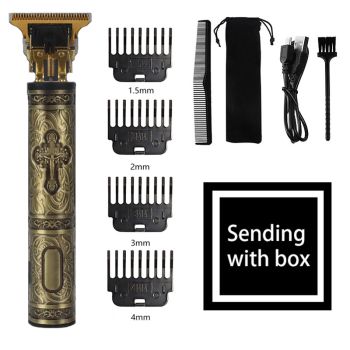 Gold Vintage-Style Cordless Hair Trimmer with Precision Attachments - Rechargeable with USB, Comb, and Storage Bag