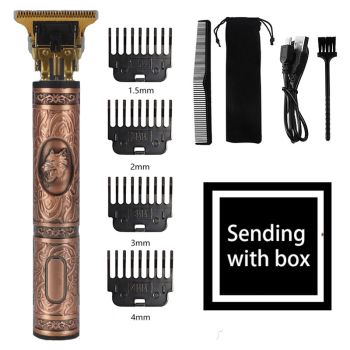 Wolf Emblem Vintage Cordless Hair Trimmer (Red) - Professional Grooming Kit with Adjustable Guards, USB Charging, and Accessories