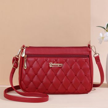 Red PU Leather Quilted Crossbody Bag for Women - Compact Multi-Compartment Shoulder Purse