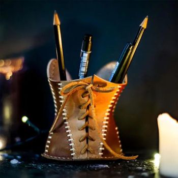 Yellow Leather Corset Pencil Holder - Handmade Vintage Desktop Organizer