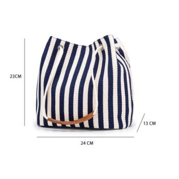 Blue Stripes Canvas Bucket Tote Bag with Leather Handle