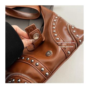 Red Vintage Studded PU Leather Shoulder Bag with Adjustable Strap