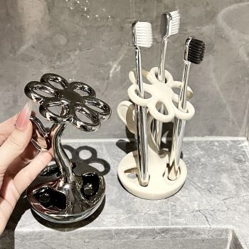 Silver Gray Creative Ceramic Toothbrush Holder - Makeup Brush & Eyebrow Pencil Organizer for Bathroom, Stylish and Practical Toothbrush Stand