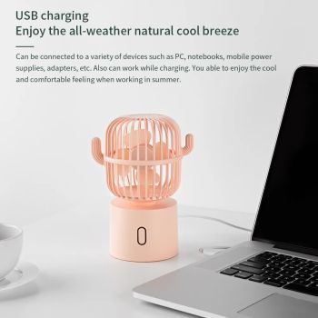 Green Cactus-Shaped USB Rechargeable Fan – Creative Desktop Fan for Home & Office with Adjustable Head for Cooling on the Go