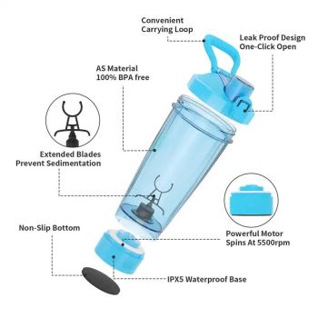 Black Portable Electric Shaker Bottle without LED Light, 550ml Sports Protein Mixer Cup for Gym and Travel