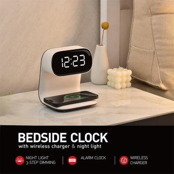  Smart Bedside Night Light with Alarm Clock & Wireless Charging, Multifunctional LED Desk Lamp