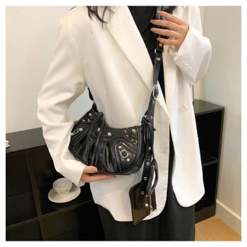 Black Vintage Rivet Crescent Moon Bag with Card Holder & Mirror, French Retro PU Leather Shoulder & Crossbody Motorcycle Bag for Women