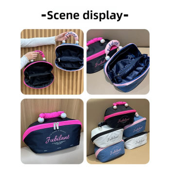 Denim Blue Portable Waterproof Color Block Makeup Bag with Pearl Handle, Large Capacity Cosmetic Storage Organizer for Travel and Daily Use