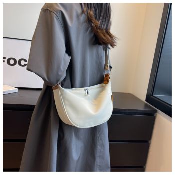 Beige With Colored Suspenders Large Capacity Canvas Shoulder Bag - Casual Crossbody Dumpling Bag