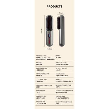 Gray Rechargeable Portable Ionic Hair Straightening Comb - USB Wireless Travel Hair Style