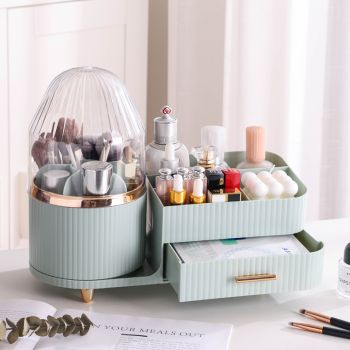 Cream Color Rotating Makeup Organizer Box - Multi-Compartment Cosmetic Storage with Dustproof Cover