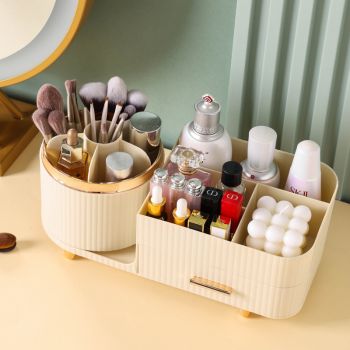 Cream Color Rotating Makeup Organizer Box - Multi-Compartment Cosmetic Storage 