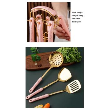 Dark Green Gold Stainless Steel Kitchen Utensil Set - 7-Piece Golden Cooking Tools with Stand