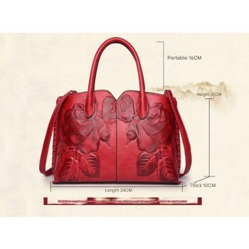 Green Elegant Embossed Rose Leather Handbag - Vintage Style Tote Bag