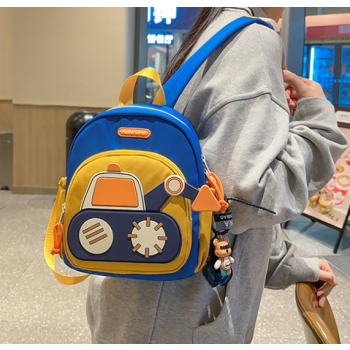 Blue-yellow Kids' Cartoon Backpack - Adorable Excavator Design with Spacious Compartments