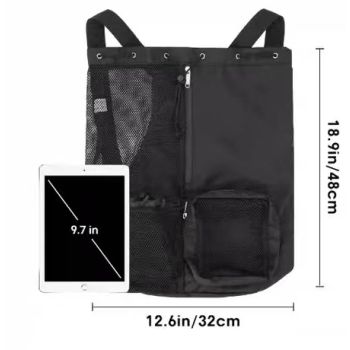 Blue Mesh Drawstring Backpack - Lightweight Sports and Beach Bag with Pockets