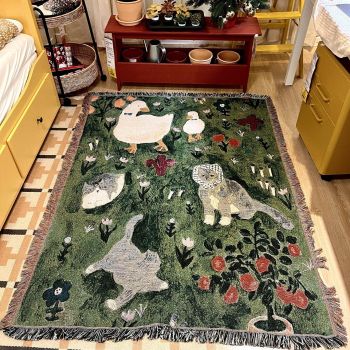 Green Floral Cat Patterned Throw Blanket – Soft and Cozy, 130x160cm with Tassels