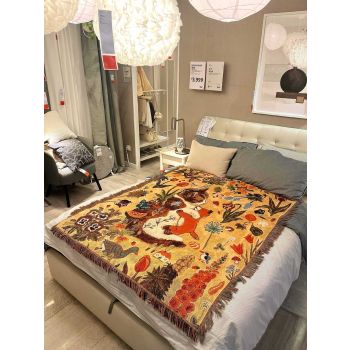 Green Oragne Cat Sleeping Floral Cat Patterned Throw Blanket - Soft and Cozy, 130x160cm with Tassels
