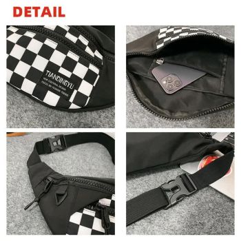 Multi-Coloured Patchwork Black and White Check Trendy Checkered Crossbody Bag - Color-Block Chest Bag for Men and Women, Lightweight Nylon Waist Bag