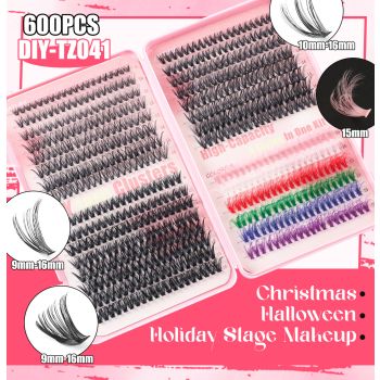 600 Eyelashes Set DIY Lash Clusters Kit - High-Capacity 4 Styles with Black and Colorful Lashes