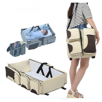 Grey-Brown Patchwork Multifunctional Foldable Baby Crib Mommy Bag | Large Capacity Diaper Bag | Portable Shoulder and Handheld Baby Essentials Bag